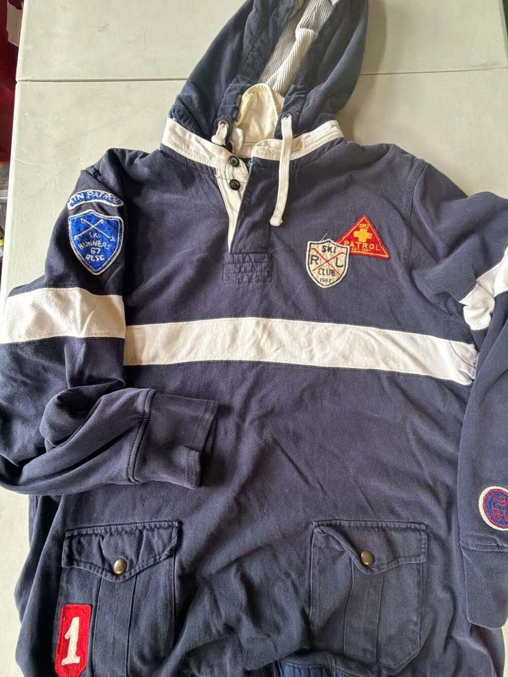 Polo Ralph Lauren Vintage Ski Patrol Hooded Rugby Shirt Navy XL